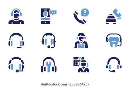Call center icon set. Bold style. Duotone colors. question, call, headphones, assistance, customer service, call center, call center agent, headset.