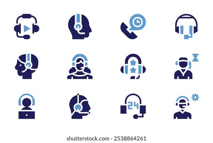 Call center icon set. Bold style. Duotone colors. hours support, rating, support, headset, customer service, online support, call center, call center agent.