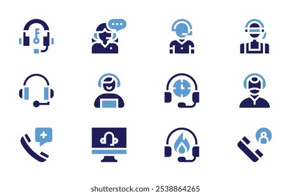 Call center icon set. Bold style. Duotone colors. fire, headset, support, emergency call, customer service, phone call, online support, customer question.