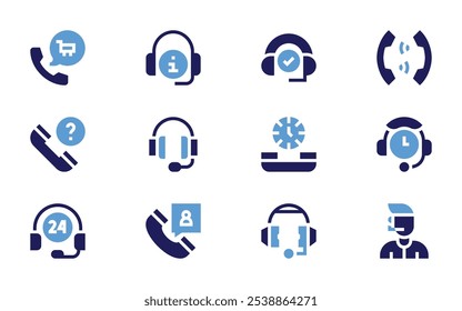 Call center icon set. Bold style. Duotone colors. customer service, call, headphones, information, headset, call center agent, question, hours.