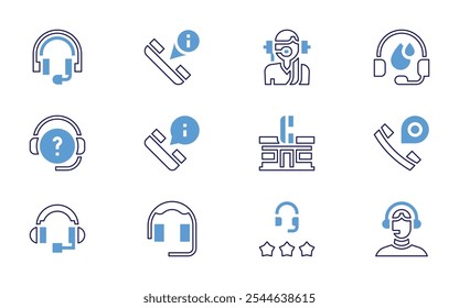 Call center icon set. Bold line style. Duotone colors. Editable stroke. telephonist, call, streamer, call center, helpline, customer service agent, flood.