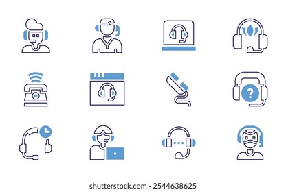 Call center icon set. Bold line style. Duotone colors. Editable stroke. headset, customer service, headphone, support, call center, call center agent, telephone.