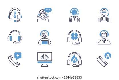 Call center icon set. Bold line style. Duotone colors. Editable stroke. fire, headphones, call center agent, call center, customer support, customer service, headset, phone call.