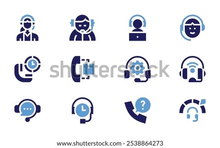 Call center icon set. Bold style. Duotone colors. call, live chat, streamer, online support, settings, helpline, customer service agent, question, hours support.