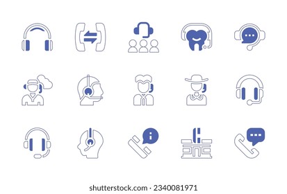 Juego de iconos del centro de llamadas. Curso de línea de estilo duotónico y negrita. Ilustración vectorial. Consta de auriculares, conversación telefónica, centro de llamadas, chat en directo, agente de centro de llamadas, asistencia al cliente.