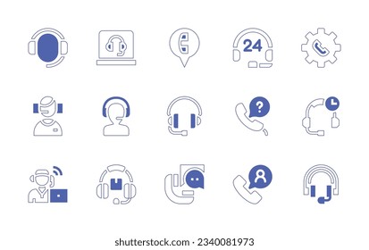 Call center icon set. Duotone style line stroke and bold. Vector illustration. Containing customer support, customer service, location, hours, setting, telemarketer, support, headphone, phone.