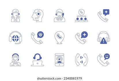 Call center icon set. Duotone style line stroke and bold. Vector illustration. Containing call center agent, call center, emergency call, international, phone, placeholder, crisis, customer.