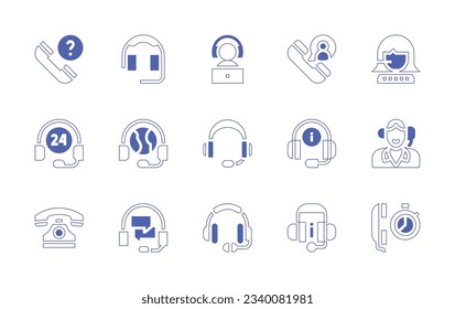 Call center icon set. Duotone style line stroke and bold. Vector illustration. Containing question, headphones, online support, call, call center, hours, global, headset, telephone, discussion.