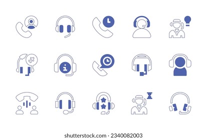 Call center icon set. Duotone style line stroke and bold. Vector illustration. Containing call, headset, hours support, help desk, call center agent, support, information, headphones, customer service