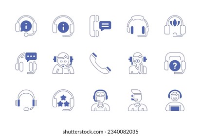 Juego de iconos del centro de llamadas. Curso de línea de estilo duotónico y negrita. Ilustración vectorial. Consta de auriculares, información, teléfono, auriculares, asistencia en línea, streaming, teléfono, teléfono, soporte, clasificación.