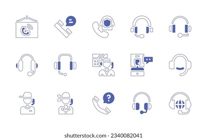 Call center icon set. Duotone style line stroke and bold. Vector illustration. Containing call center, phone call, customer service, headset, call center agent, question, online.