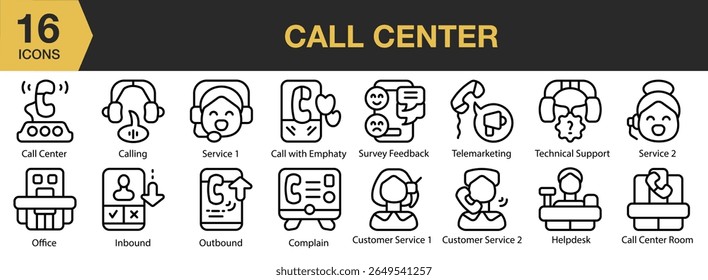 Conjunto de iconos de centro de llamadas. Incluye centro de llamadas, Asistencia, Cliente, servicio y más. Colección de Vector de iconos de contorno.
