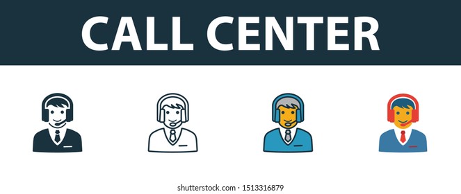 Call Center icon set. Premium simple element in different styles from customer service icons collection. Set of call center icon in filled, outline, colored and flat symbols concept.