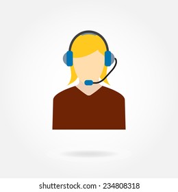 Call center icon or sign isolated on white background. Operator with headset. Female avatar in flat style. Colorful vector illustration.