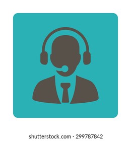 Call center icon. Vector style is grey and cyan colors, flat rounded square button on a white background.