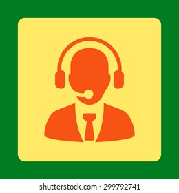 Call center icon. Vector style is orange and yellow colors, flat rounded square button on a green background.