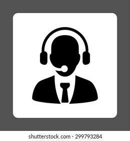 Call center icon. Vector style is black and white colors, flat rounded square button on a gray background.