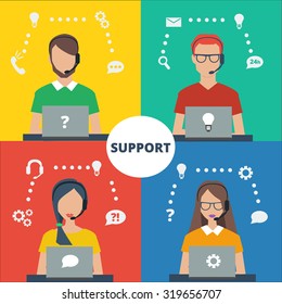 Call center icons, avatar of man and woman wearing headsets. Coloful vector illustration of support service. 