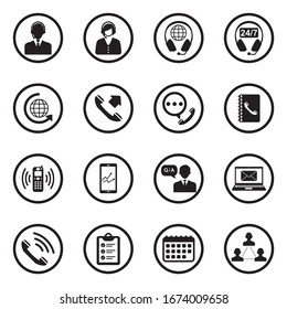 Iconos del centro de llamadas. Diseño Plano Negro En Círculo. Ilustración vectorial.