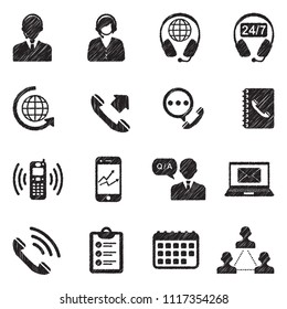Call Center Icons. Black Scribble Design. Vector Illustration.
