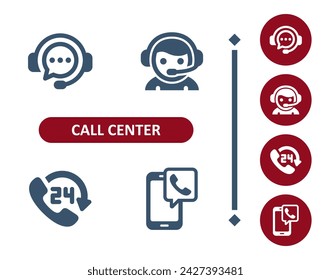 Callcenter-Symbole. Kundendienstmitarbeiter, Kundensupport, Headset, Chatblase, Telefonanruf, Telefonsymbol. Professionell, 32x32 Pixel perfekte Vektor-Symbol.