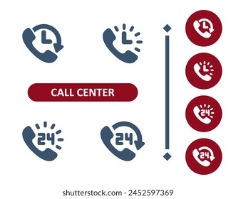 Call center icons. Customer service, customer support, 24 hours, around the clock, telephone, phone icon. Professional, 32x32 pixel perfect vector icon.