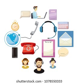 Call center icons set in cartoon style isolated on white background