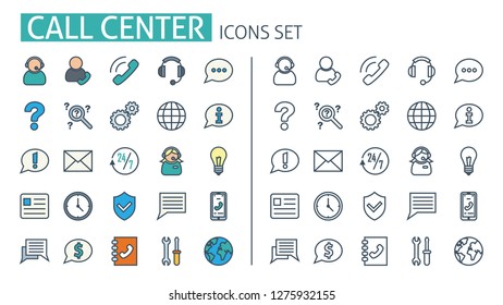 Call center icons set. For customer service support mobile app, banner help, feedback, operator, 24 hours support service info poster. Round concept template. Thin line web symbols outline flat