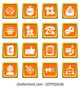 Call center icons set vector orange square isolated on white background 