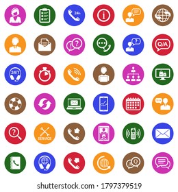Call Center Icons. White Flat Design In Circle. Vector Illustration.