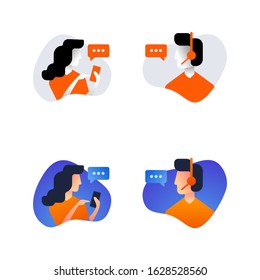 Call center illustration. Male helpline operator in a headset consulting female. Client services and communication. Trendy gradient bubbles design.