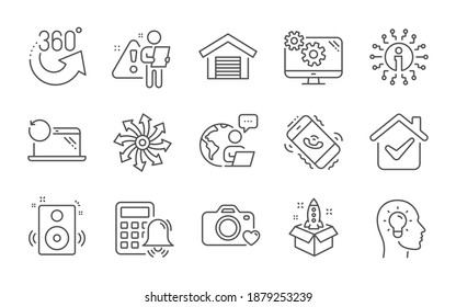 Call center, Info and Speakers line icons set. Startup, Versatile and Settings signs. Parking garage, Recovery laptop and Idea head symbols. 360 degrees, Calculator alarm and Photo camera. Vector