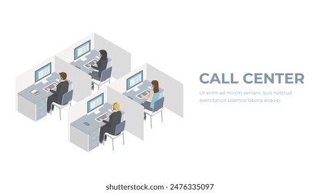 Isometrische Zusammensetzung des Call-Center-Innenraums mit Kundenbetreuung-Service, Agenten Arbeitsraum-Kabinen, die Werbung Hintergrund-Poster-Vektorillustration.