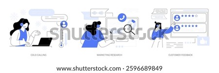 Call center isolated cartoon vector illustrations set. Cold calling service, attract new customer, conduct marketing research, enter data in client database, operator get feedback vector cartoon.