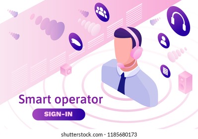 Call center isometric 3d vector illustration, customer service and mobile support landing page, operator with headphone, contact centre concept