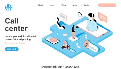 Concepto isométrico del centro de llamadas. El operador responde a las llamadas del cliente, línea de asistencia técnica, consultas en línea, banner web de isometría plana de línea. Ilustración vectorial en el diseño 3d para la página de aterrizaje