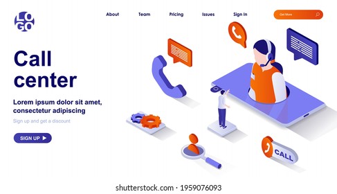 Call center isometric landing page. Customer support isometry concept. Hotline operator in headset consults client in chat 3d web banner. Vector illustration with people characters in flat design