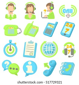Call center items icons set. Cartoon illustration of 16 call center items vector icons for web