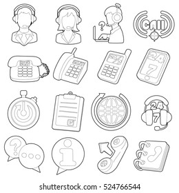 Call center items icons set. Outline cartoon illustration of 16 call center items vector icons for web