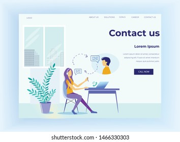 Call Center Landing Page. Contact us Motivational Title. Cartoon Woman in Headphones Having Video Chat with Male. Hotline Operator and Client. Online Global Technical Support. Vector Flat Illustration