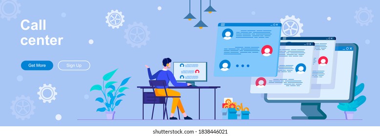 Call center landing page with people characters. Online hotline and helpdesk web banner. Customer assistance service vector illustration. Flat concept great for social media promotional materials.