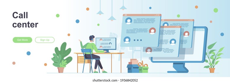 Call center landing page with people characters. Online hotline and helpdesk web banner. Customer assistance service vector illustration. Flat concept great for social media promotional materials.