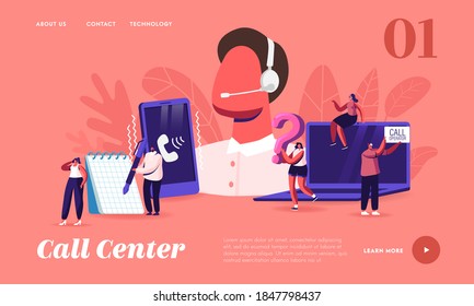 Call Center Landing Page Template. Customer Service Staff in Headset Work on Computer. Operator and Client Communication, Specialist Solve Clients Problems Online. Cartoon People Vector Illustration