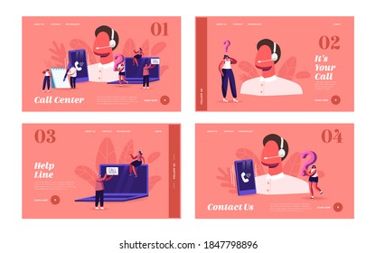 Call Center Landing Page Template Set. Customer Service Staff in Headset Work on Computer. Operator and Client Communicate, Specialist Solve Clients Problems Online. Cartoon People Vector Illustration