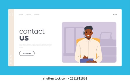 Call Center Landing Page Template. Customer Support Service Working. Man in Headset Hotline Consultant Character Chatting with Client in Answering Questions. Cartoon People Vector Illustration