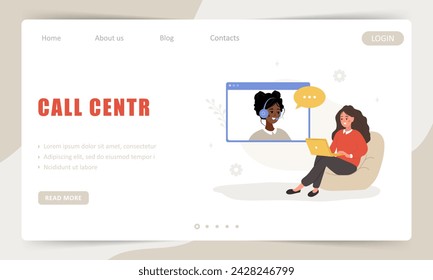 Centro de llamadas. Plantilla de página de destino. Cliente femenino con el ordenador portátil hablando con el soporte en línea. Concepto de servicio al cliente. Ilustración vectorial en estilo plano de dibujos animados.