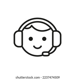 Call center line art icon, customer support service symbol. Face with headset. Operator call center, agent, account manager. Helpline. Vector outline illustration