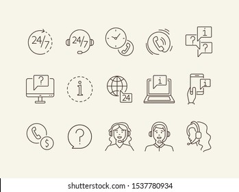 Call center line icon set. FAQ, info mark, chat bubbles, computer, phone, operators in headphones. Online support concept. Can be used for topics like help, service, contact center