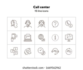 Call center line icon set. FAQ, info mark, chat bubbles, computer, phone, operators in headphones. Online support concept. Can be used for topics like help, service, contact center