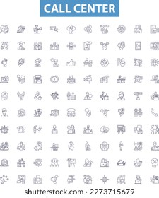 Call center line icons, signs set. Callcenter, Call center, Callcenter Operator, Telemarketing, Voicemail, Live Chat, Support, Agent, Help Desk outline vector illustrations.